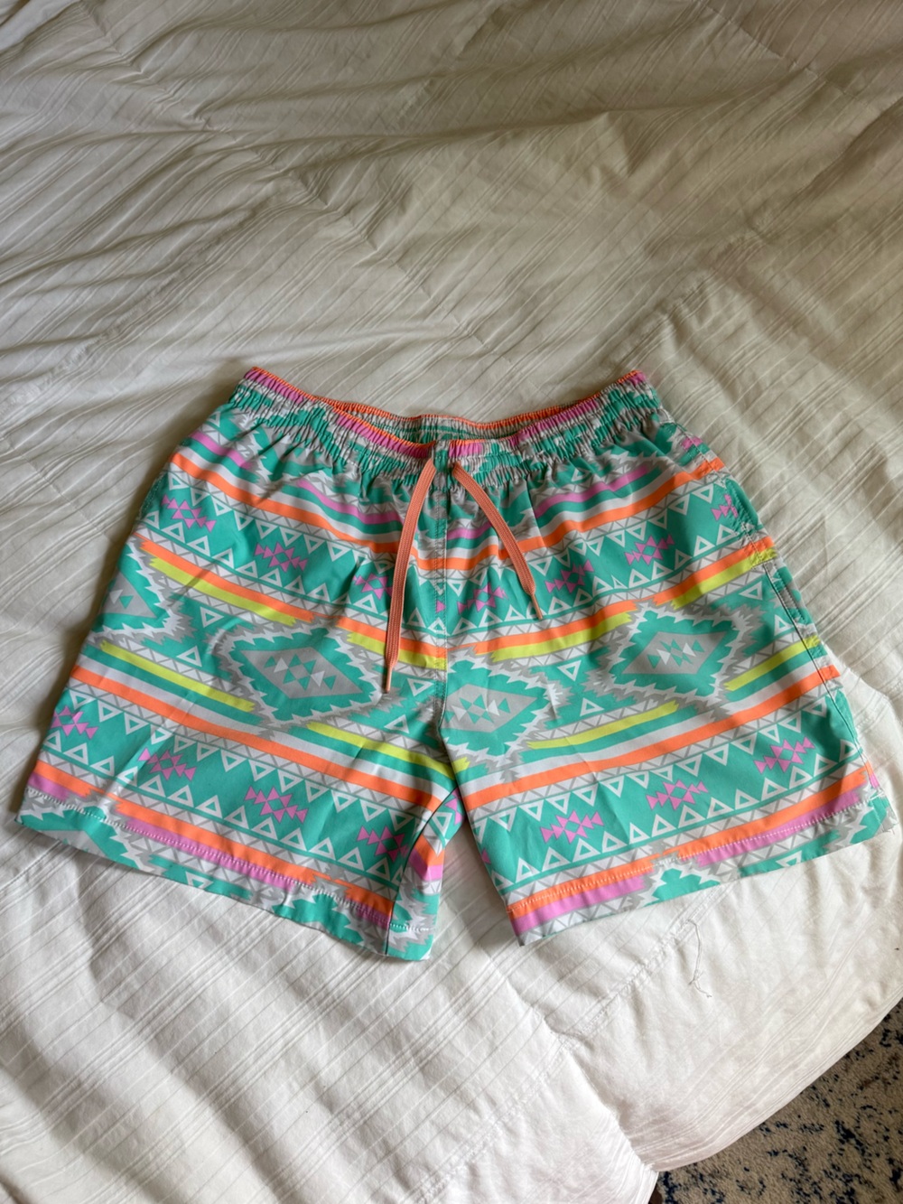 chubbies Turquoise Aztec-Print Drawstring Shorts with Coral & Lime Accents